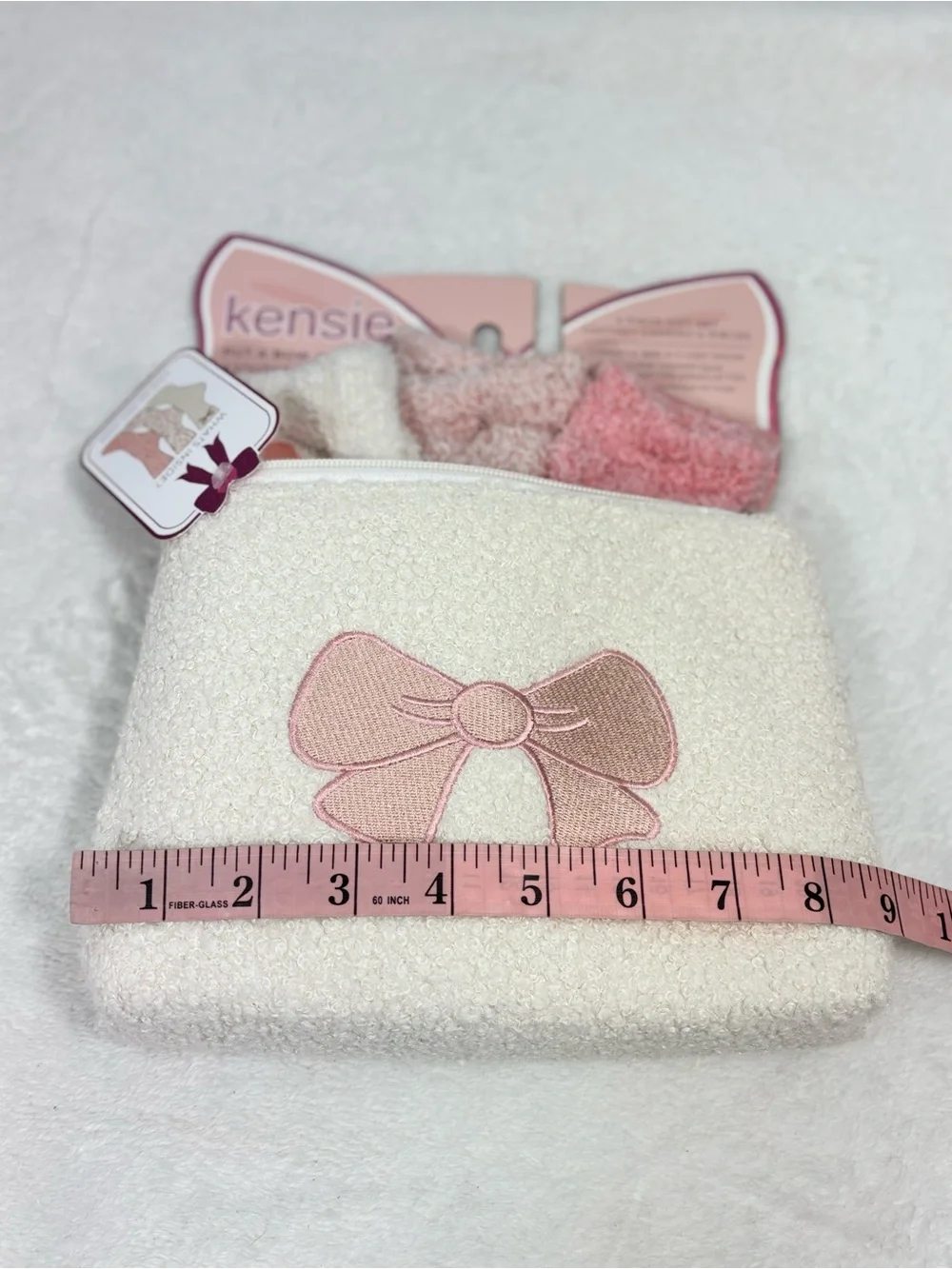 kensie Cream Cosmetic Pouch with Pink Bow & Blush 3 Pair Sock Set